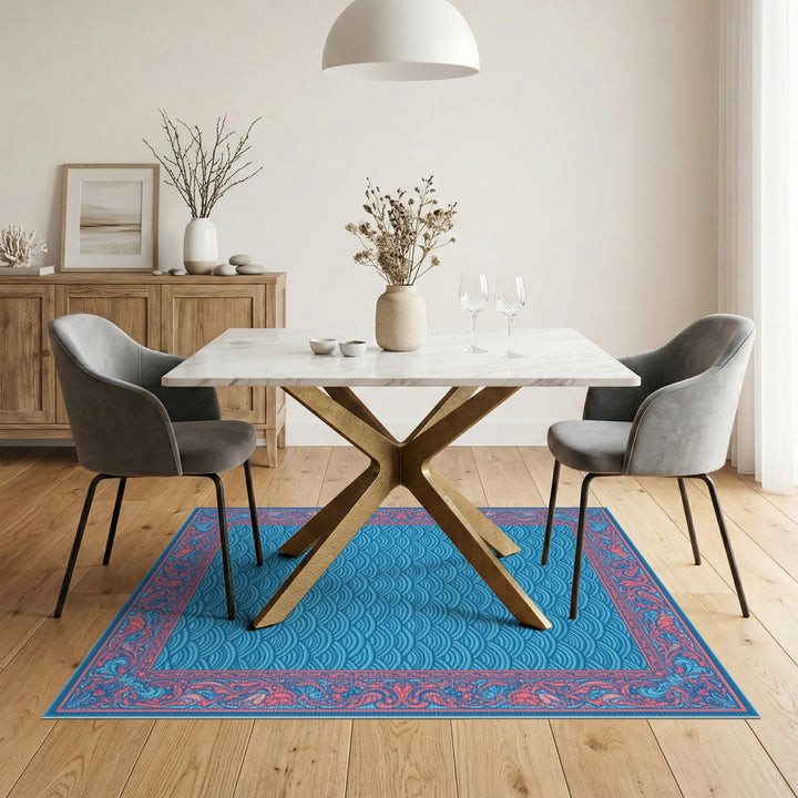 Blue Wave Floral Border Area Rug