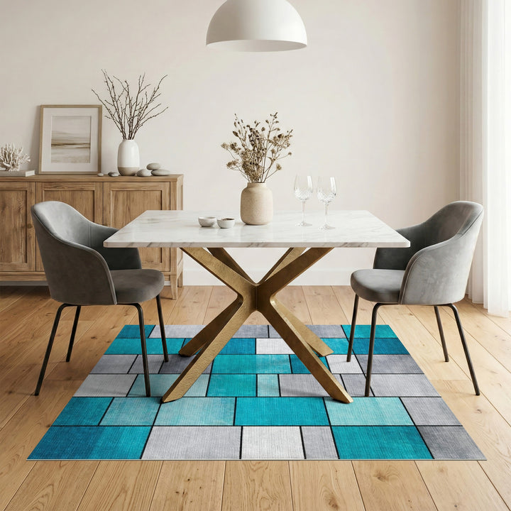 Geometric Teal Block Area Rug