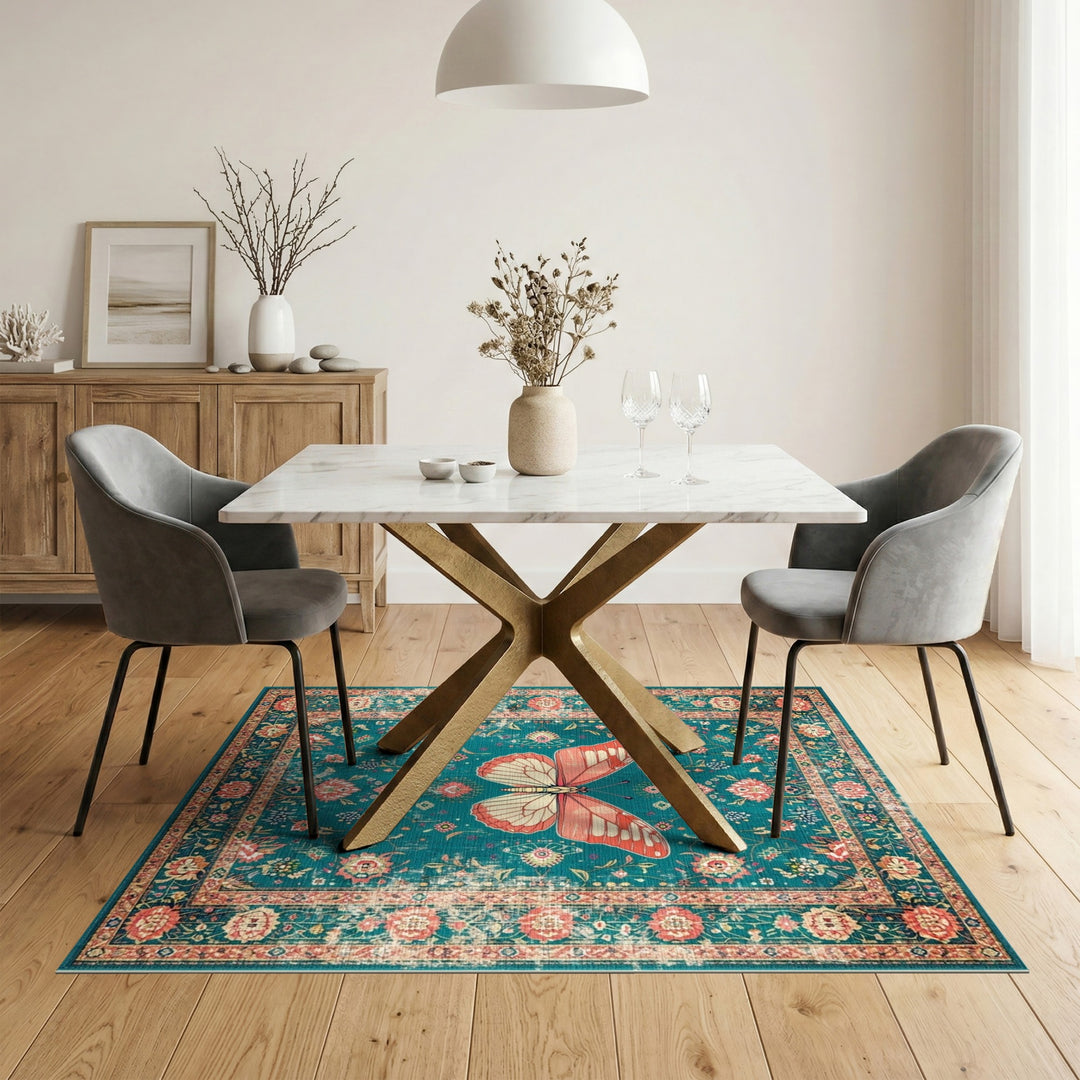 Vintage Teal Butterfly Floral Area Rug