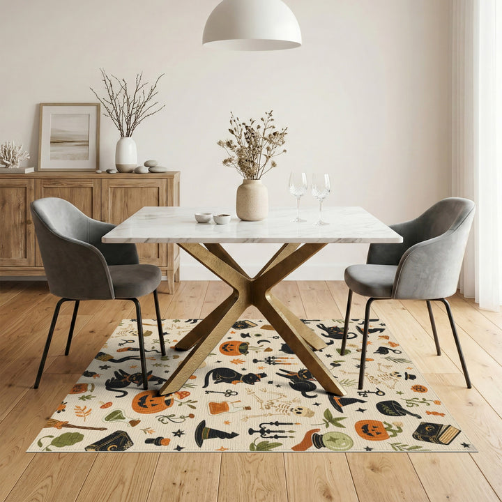Beige and Neutral Spooky Black Cat Halloween Area Rug