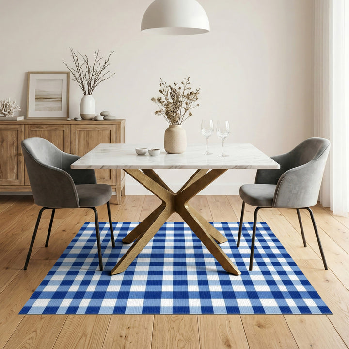 Rustic Farmhouse Blue Gingham Checkered Area Rug