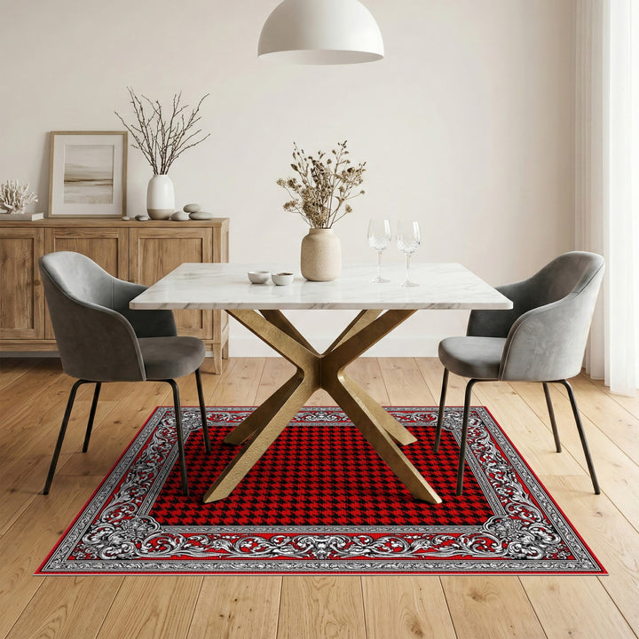Red Houndstooth Ornate Border Area Rug