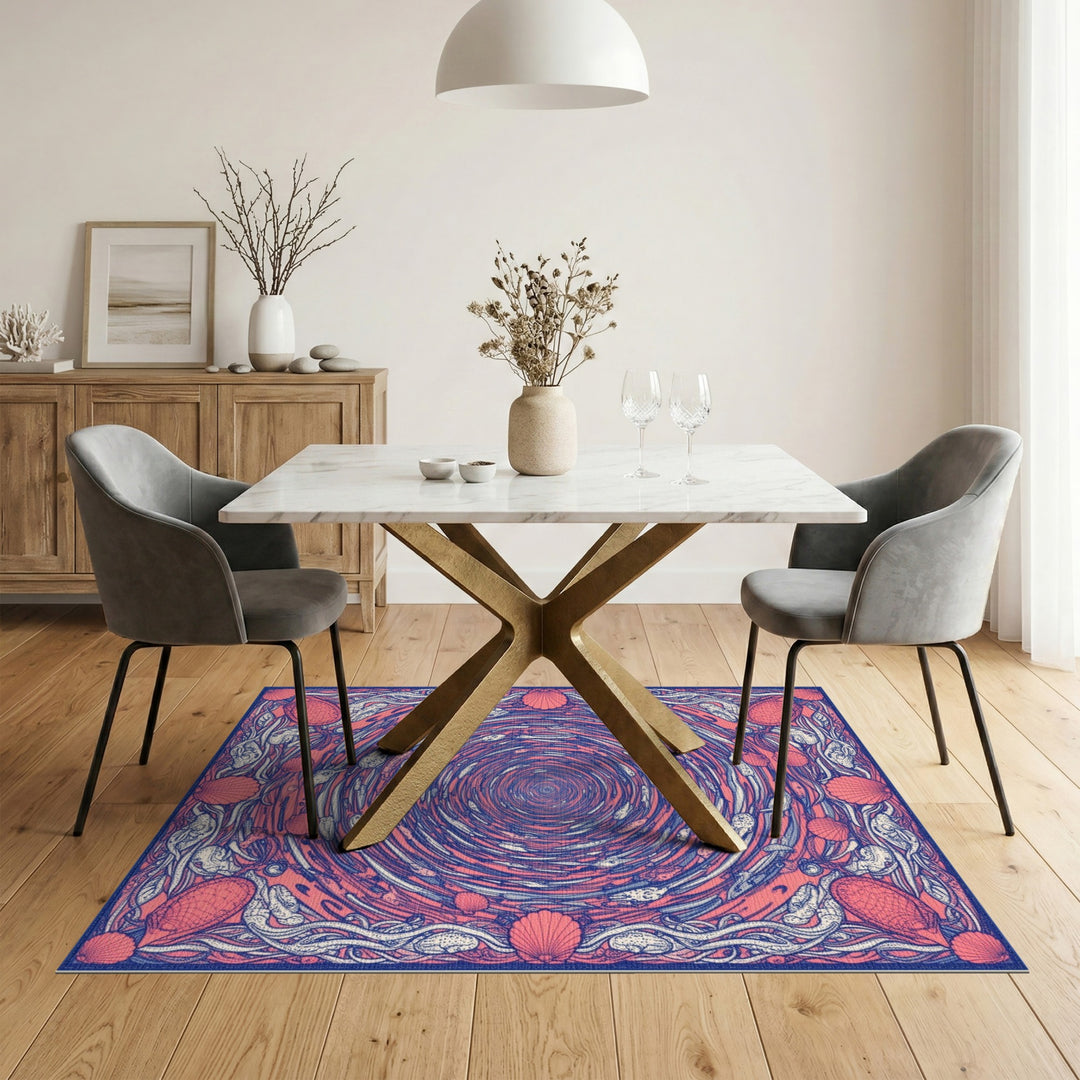 Red Swirling Fish Shells Washable Area Rug