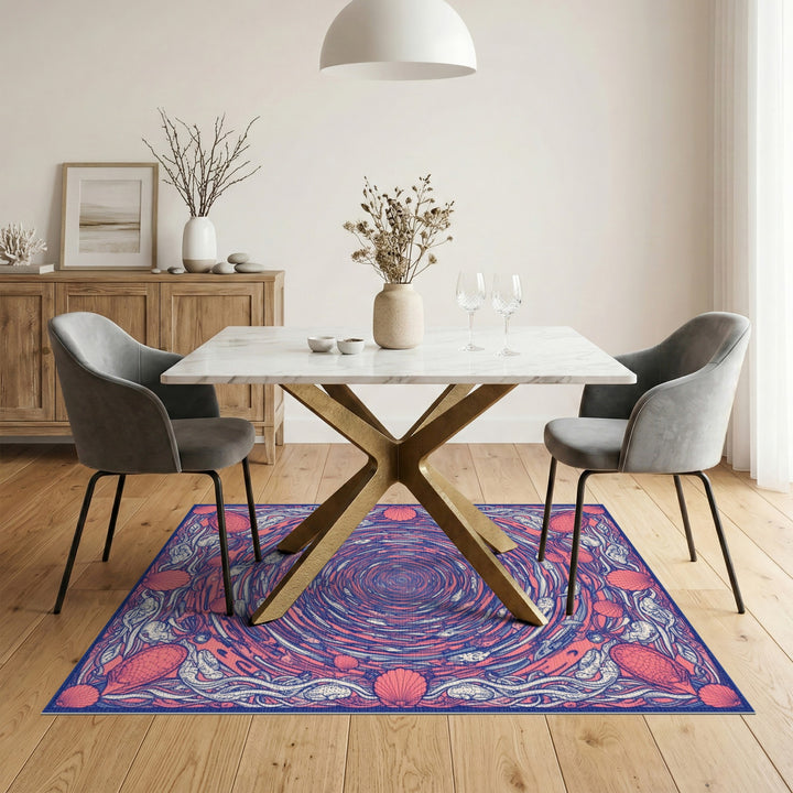 Red Swirling Fish Shells Washable Area Rug