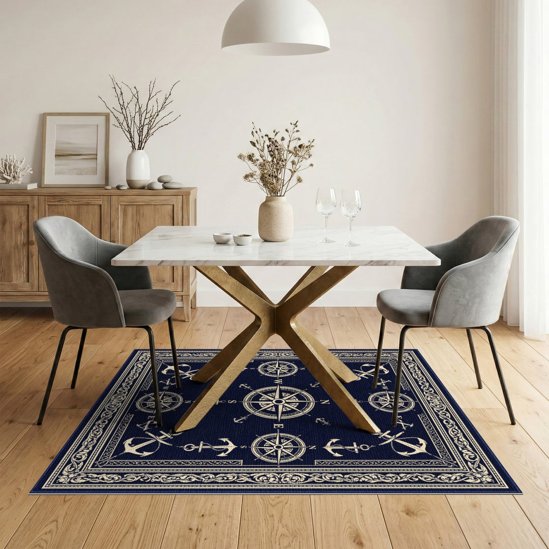 Navy Blue Nautical Anchor Compass Area Rug