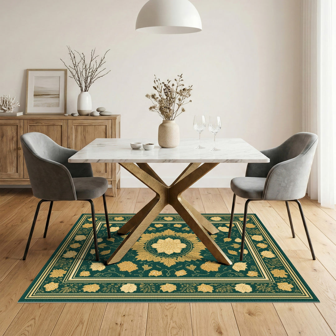Green Floral Vintage Area Rug with Gold Medallion