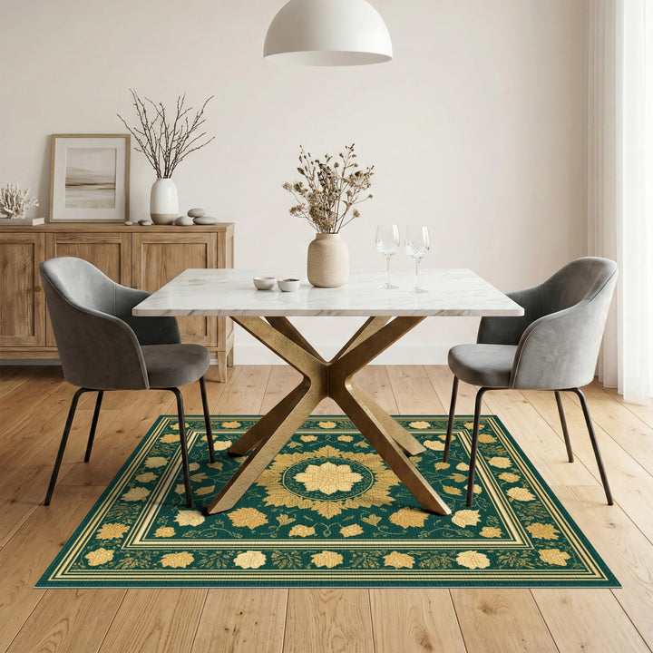 Green Floral Vintage Area Rug with Gold Medallion
