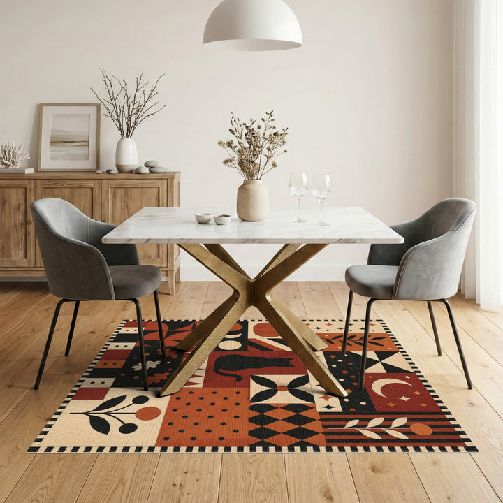 Geometric Black Cat Pumpkin Area Rug