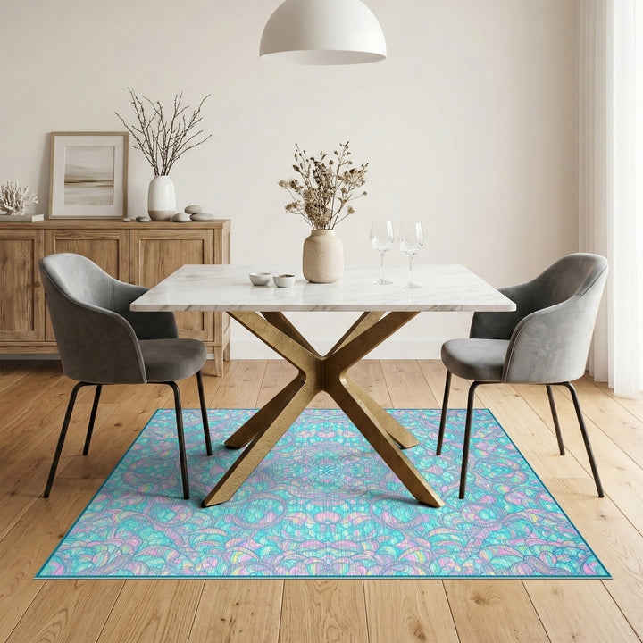 Teal Boho Floral Swirl Area Rug