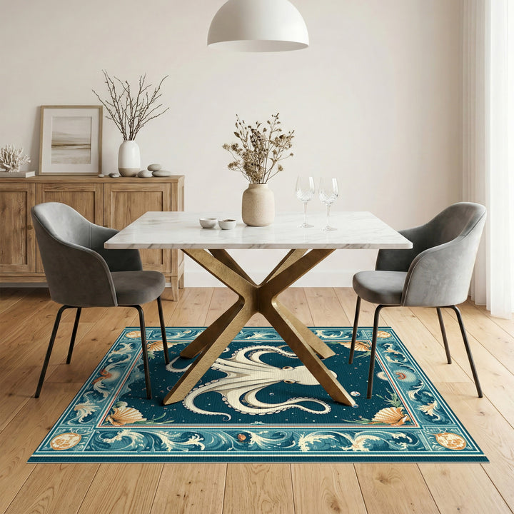 Blue Teal Octopus Coastal Area Rug