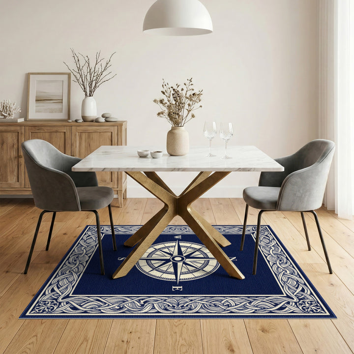 Navy Compass Rose Area Rug with Braided Border