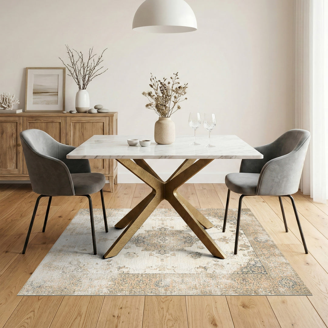 Distressed Vintage Beige Medallion Rug
