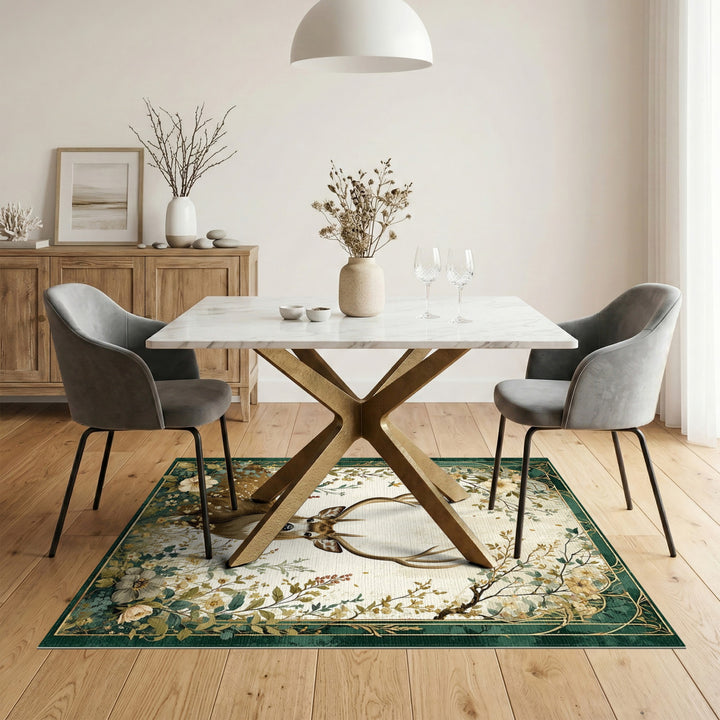 Vintage Buck Deer Floral Area Rug
