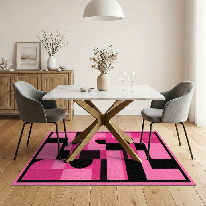 Bold Pink Black Geometric Pink Area Rug