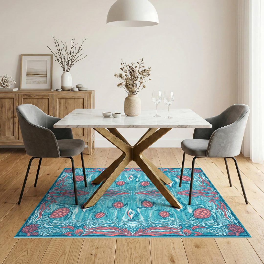 Blue Teal Sea Turtle Coastal Blue and Teal Area Rug