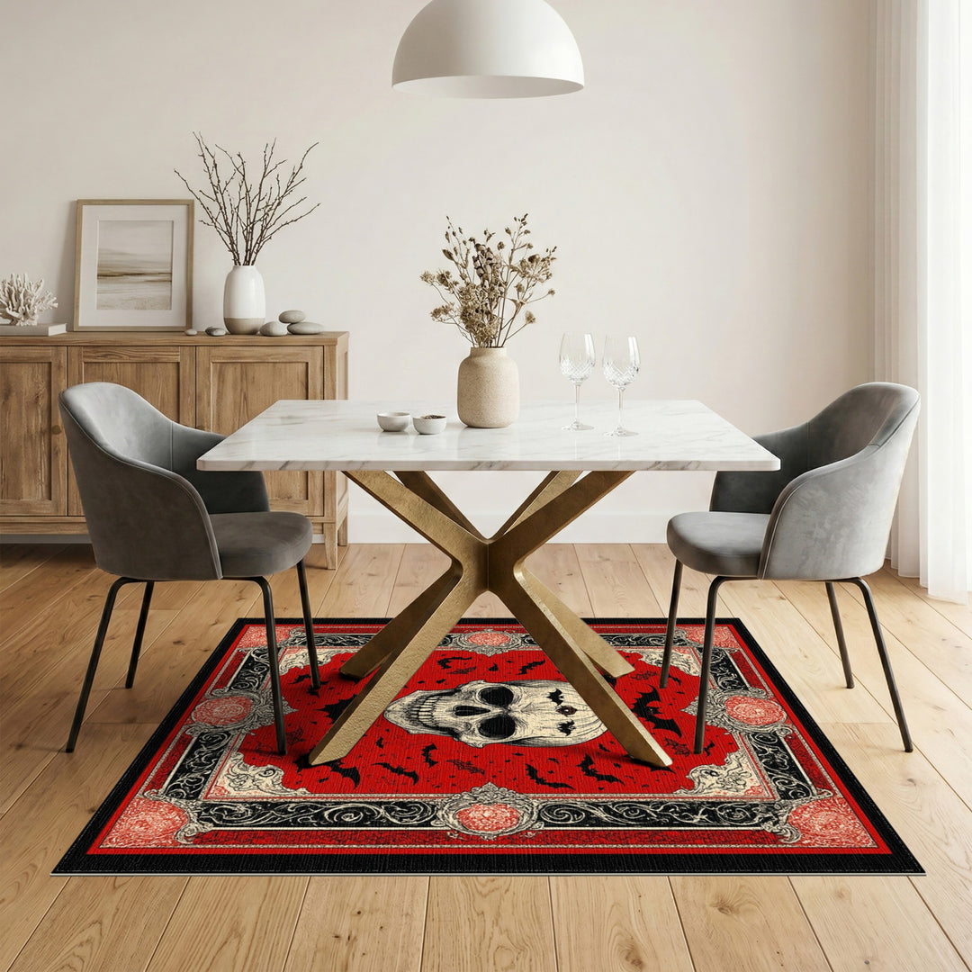 Red Gothic Skull Bat Area Rug