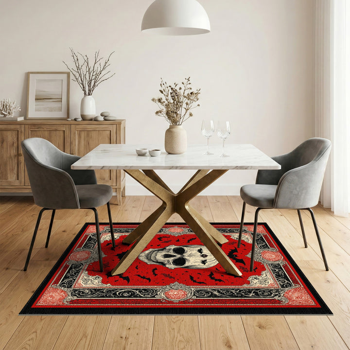 Red Gothic Skull Bat Area Rug