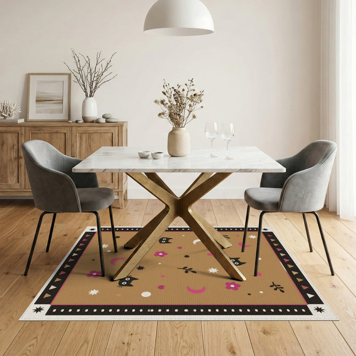 Black Cat Moon Kids Cartoon Rug in Brown Tan