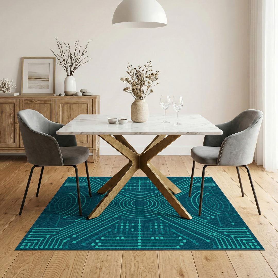 Blue and Teal Blue Teal Circuit Geometric Area Rug