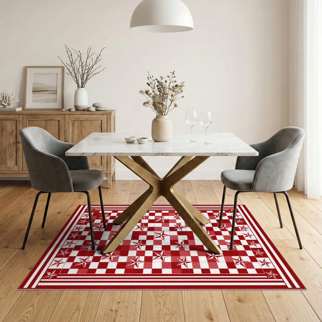 Red Checkered Star Washable Area Rug