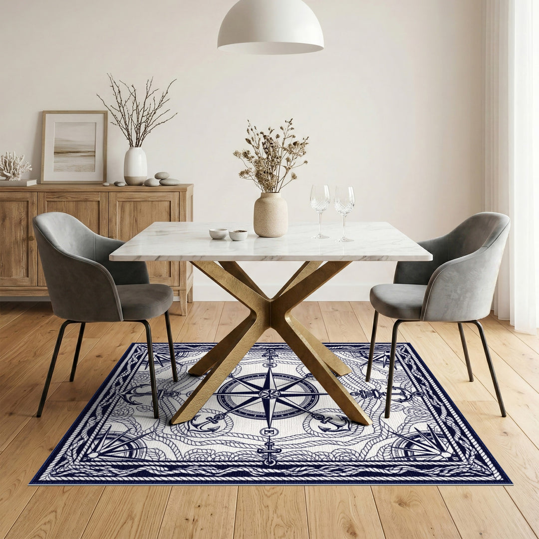 Coastal Beach Nautical Compass Anchor Area Rug