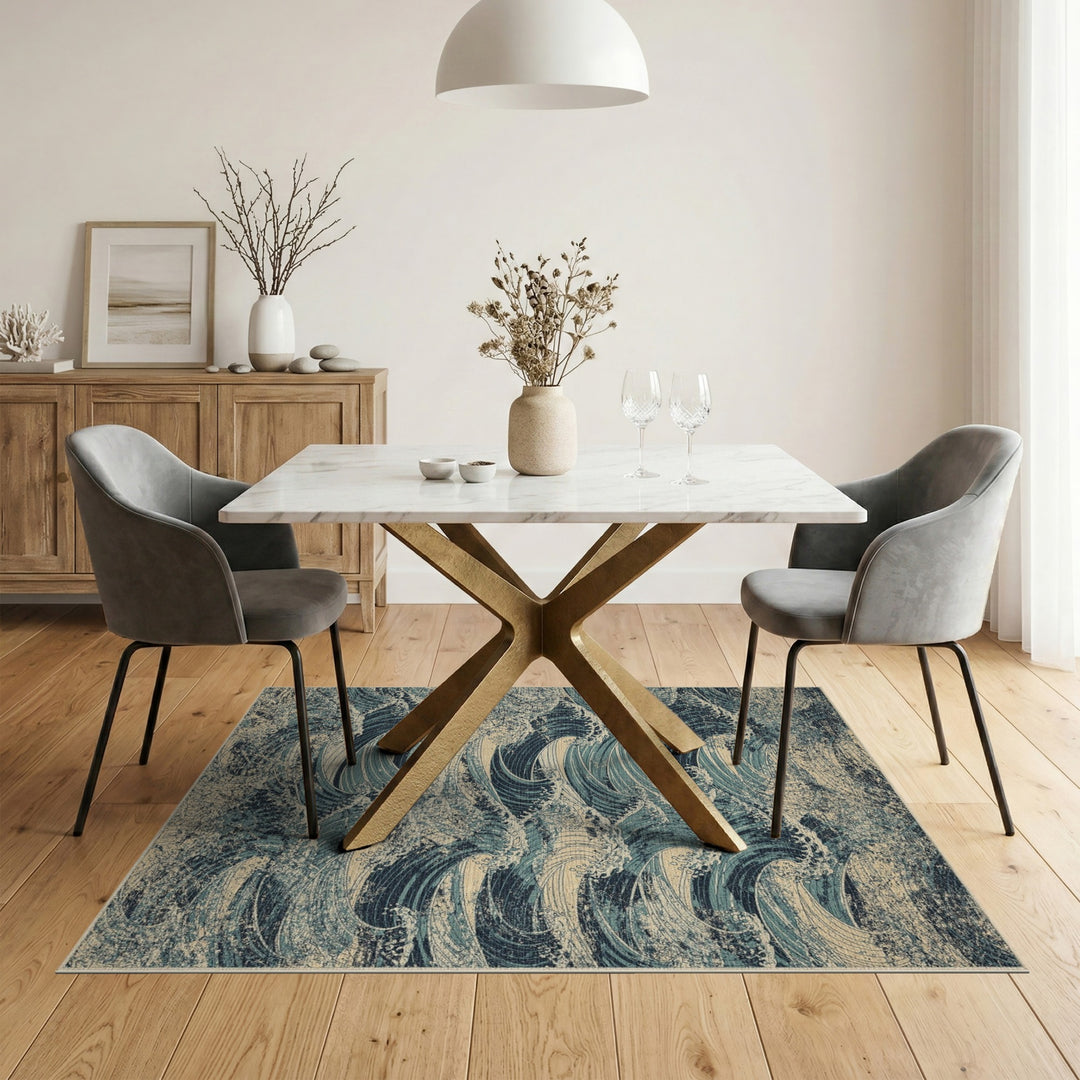 Blue Teal Wave Distressed Vintage Area Rug