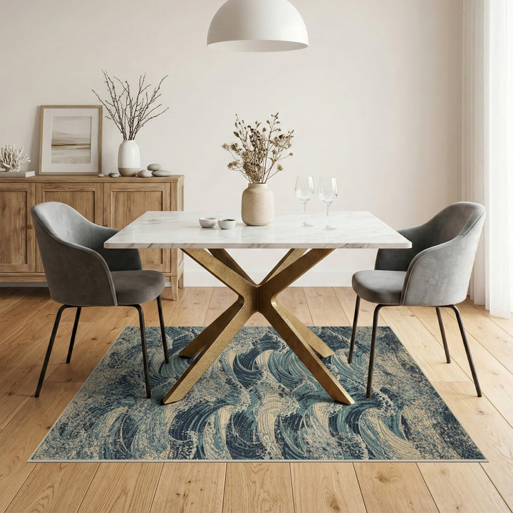 Blue Teal Wave Distressed Vintage Area Rug