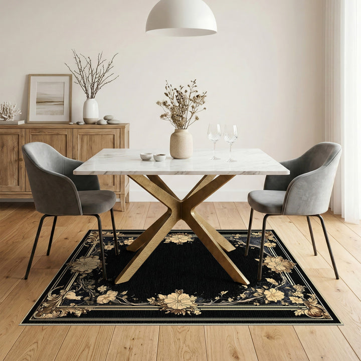 Black Floral Vintage Area Rug with Gold Border