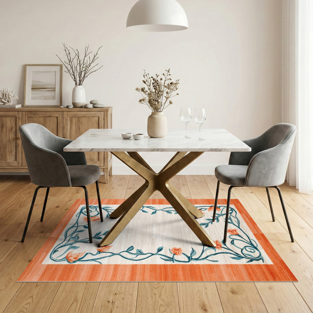 Beige Floral Vine Area Rug with Teal Border
