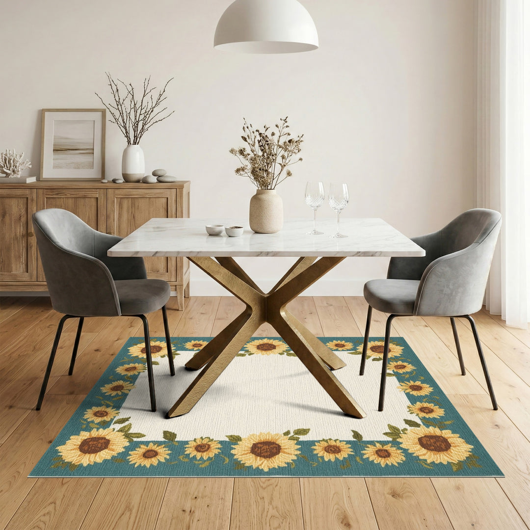 Sunflower Teal Border Area Rug