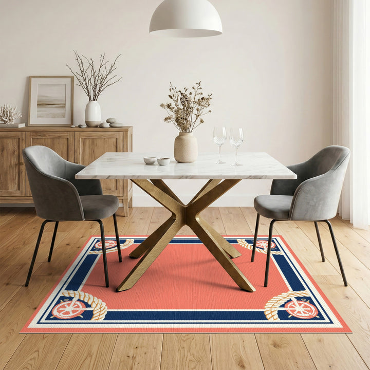 Nautical Coral Ship Wheel Area Rug