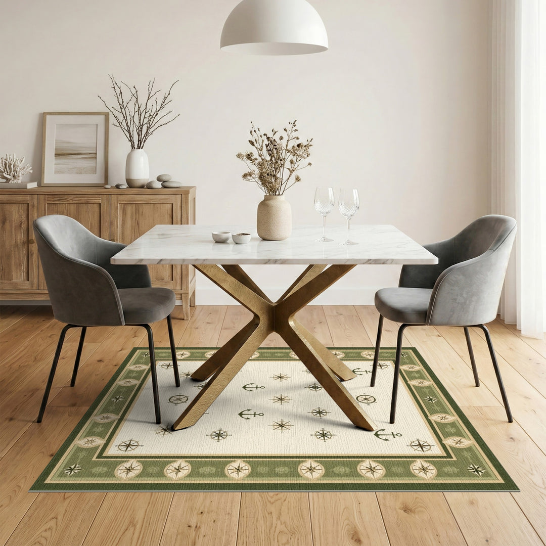 Green Nautical Anchor Compass Area Rug