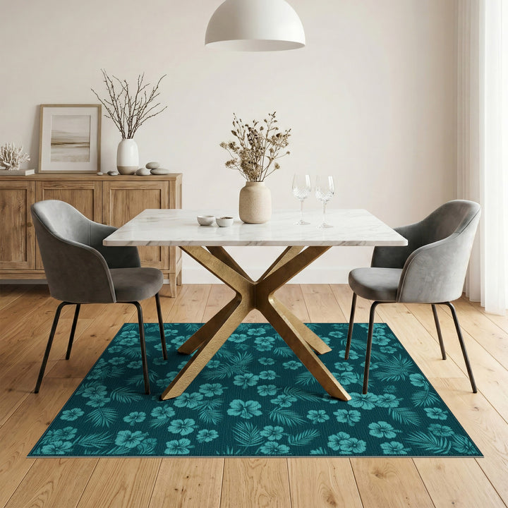 Coastal Teal Hibiscus Area Rug