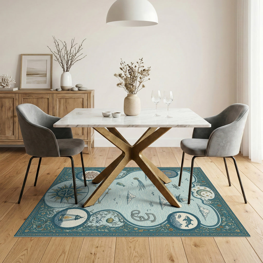 Blue Teal Nautical Compass Ocean Area Rug