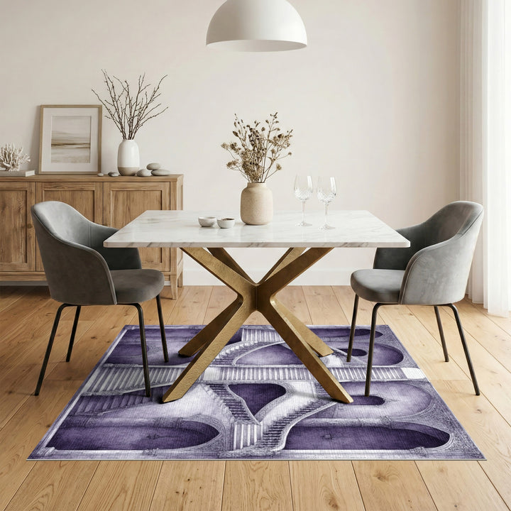 Purple Ornate Staircase Distressed Rug