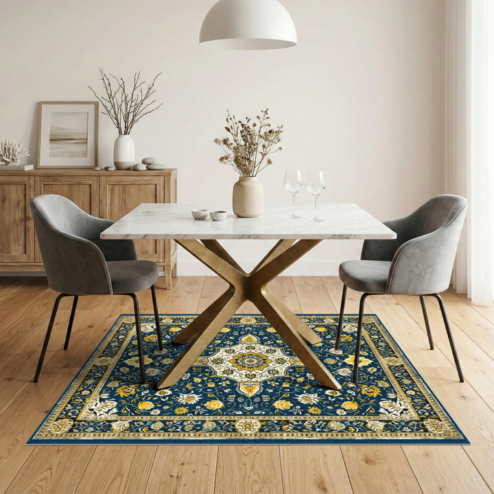Navy Blue Gold Medallion Floral Persian Rug
