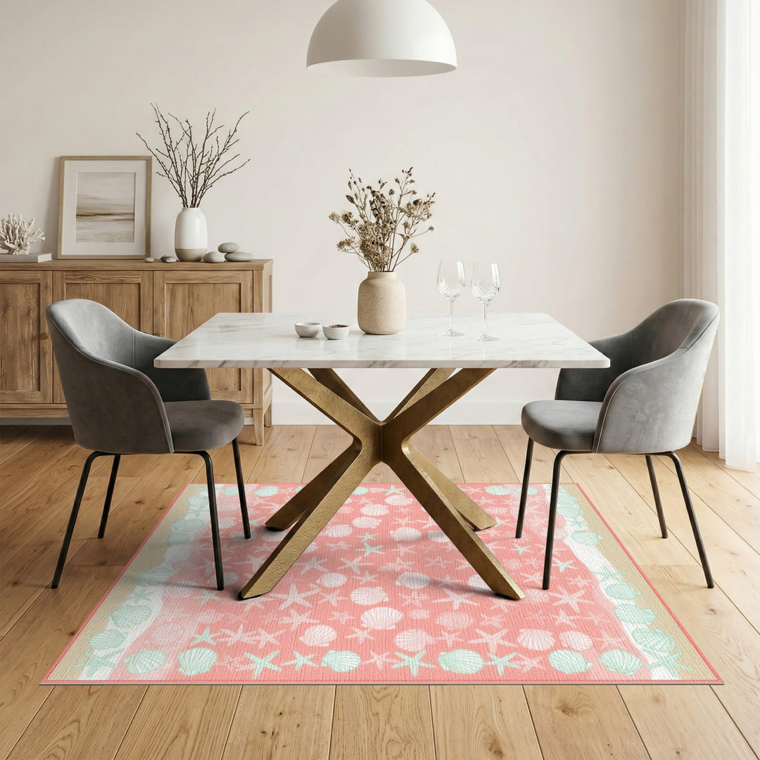 Coastal Beach Pink Coastal Seashell Starfish Area Rug