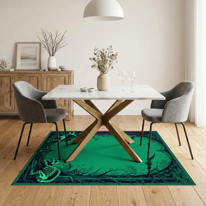 Green Dinosaur Skeleton Jungle Washable Area Rug