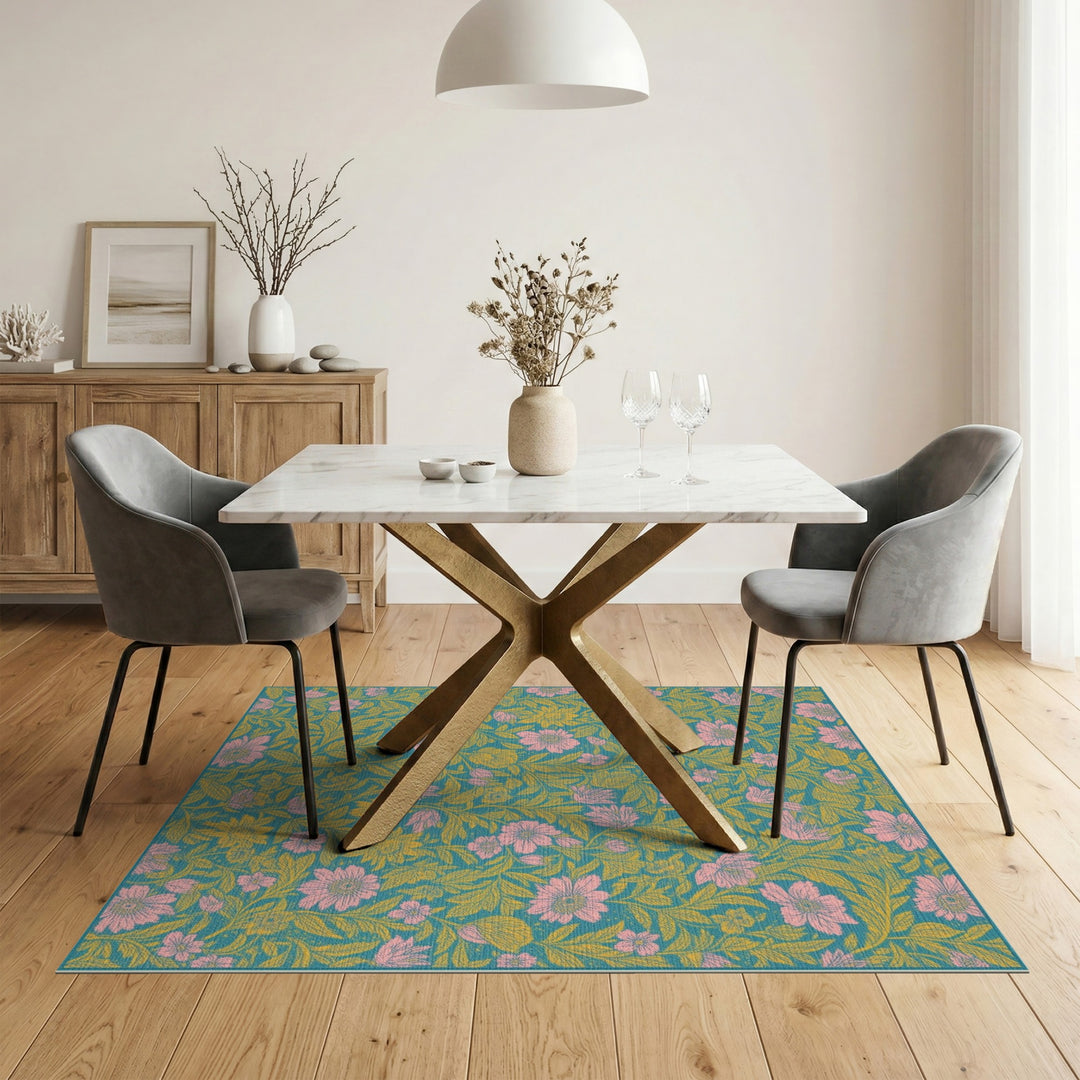 Teal Vintage Floral Washable Area Rug
