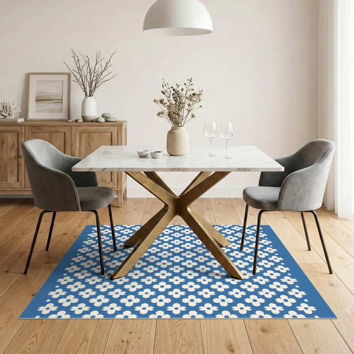 Blue and Teal Blue Floral Washable Area Rug