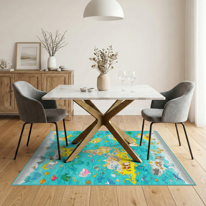 Kids Cartoon World Map Area Rug with Animals