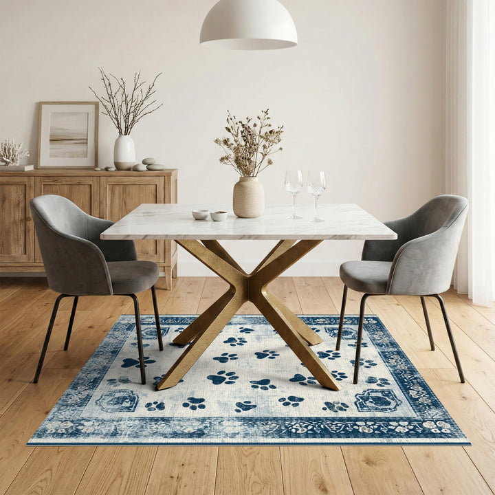 Blue and Teal Distressed Blue Paw Print Area Rug
