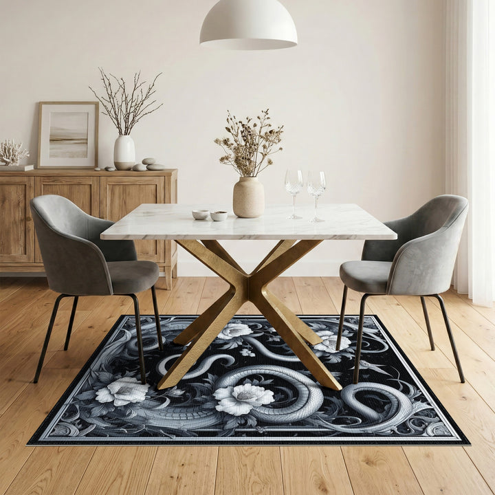 Black White Serpent Floral Area Rug