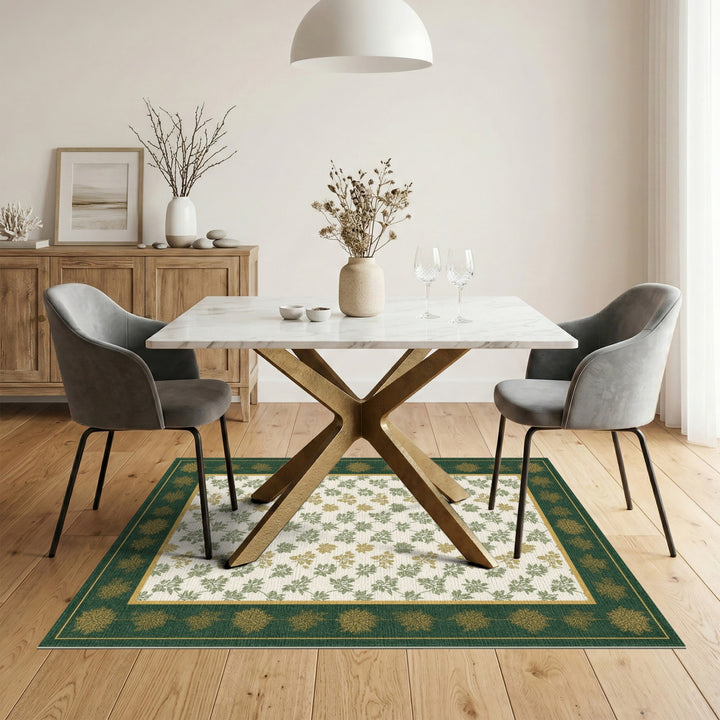 Green Leaf Vine Area Rug with Gold Border