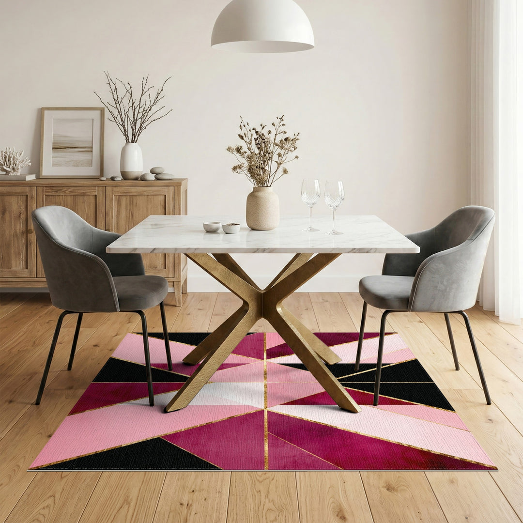 Geometric Modern Pink Geometric Area Rug with Gold Accents