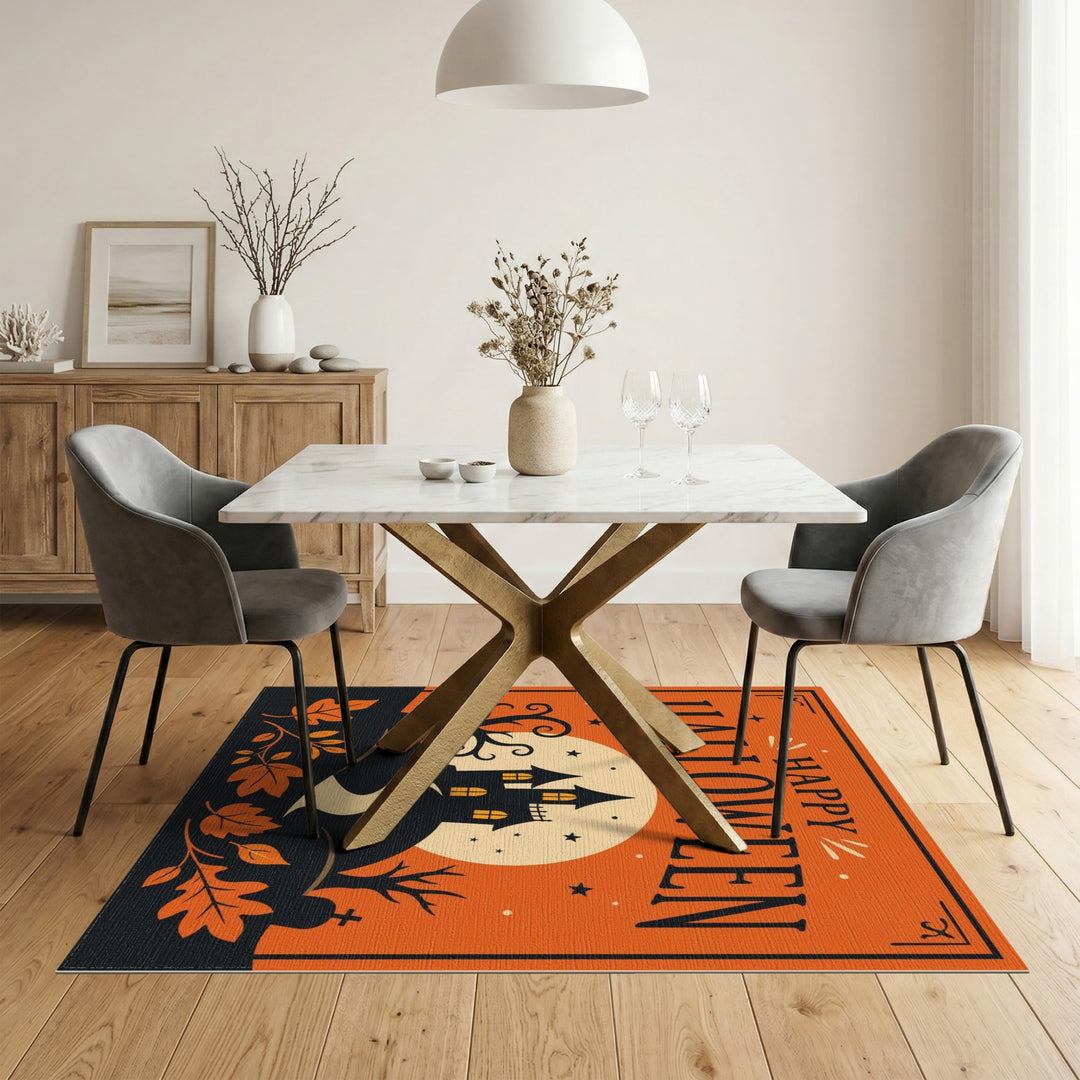 Orange Happy Halloween Haunted House Area Rug