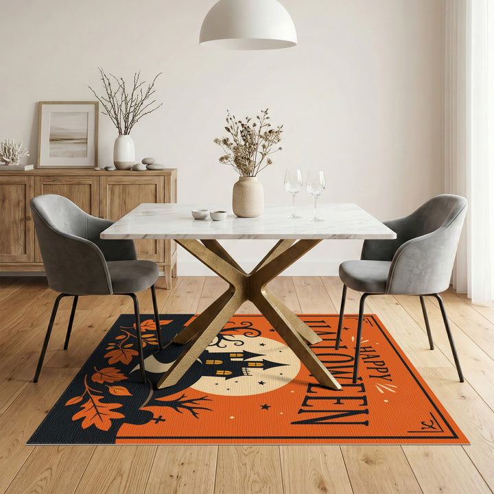Orange Happy Halloween Haunted House Area Rug
