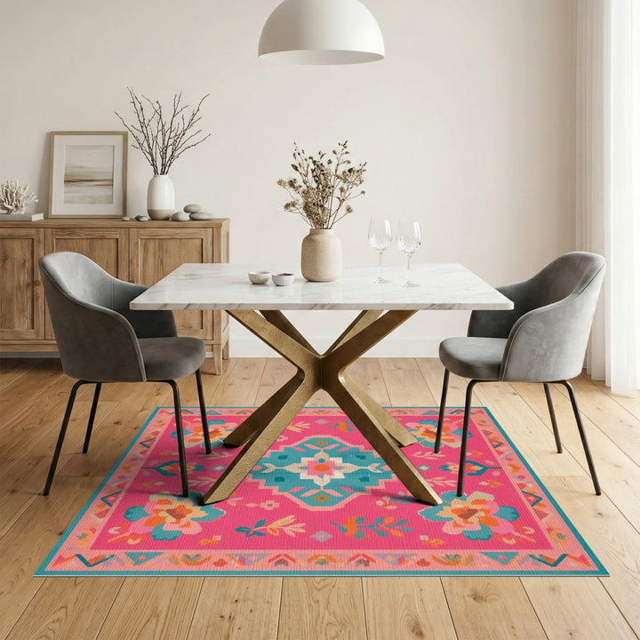 Pink Boho Floral Geometric Area Rug