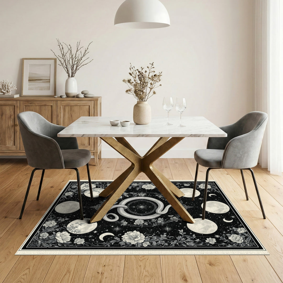Black White Celestial Serpent Floral Rug