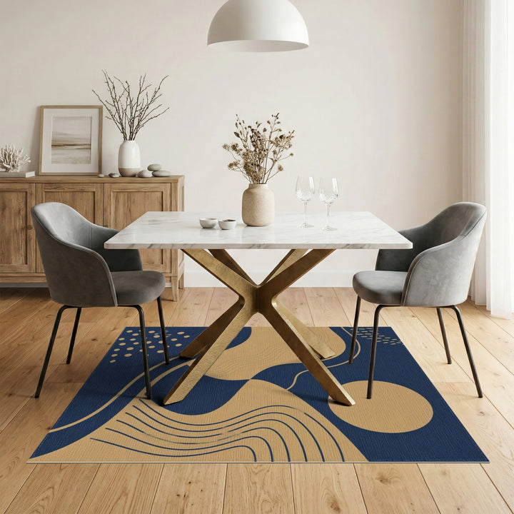 Blue and Teal Navy Gold Abstract Wave Area Rug
